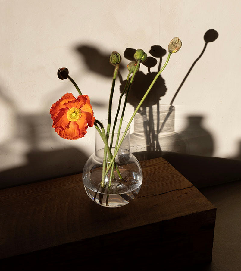 Blomstervase i glass fra Skruf Glassbruk i Sverige med bukket av Valmuer. Pallo small er designet av Carine Seth Andersson og Kollekted by på Grünerløkka er forhandler av Skruf